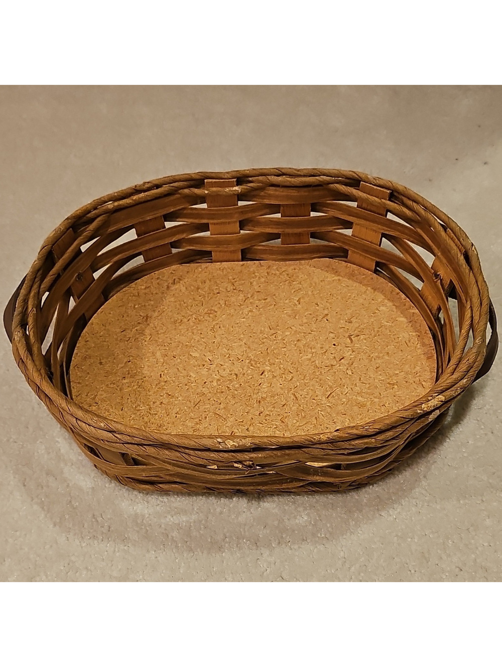 Vintage Pyrex 702 Oval Wicker Basket w/ Leather Handles Wood Base Brown Rustic